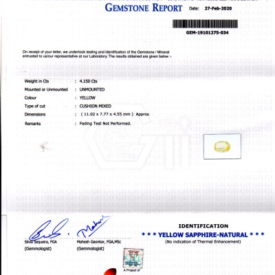 4.15 Ct GII Certified Unheated Untreated Natural Ceylon Yellow Sapphire