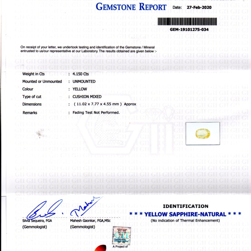 4.15 Ct GII Certified Unheated Untreated Natural Ceylon Yellow Sapphire