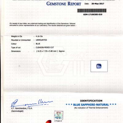 4.16 Ct GII Certified Unheated Untreated Natural Ceylon Blue Sapphire 4.16 Ct GII Certified Unheated Untreated Natural Ceylon Blue Sapphire