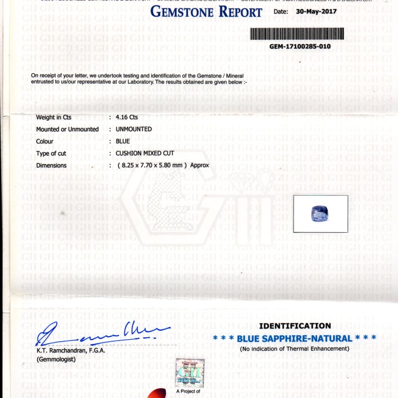 4.16 Ct GII Certified Unheated Untreated Natural Ceylon Blue Sapphire 4.16 Ct GII Certified Unheated Untreated Natural Ceylon Blue Sapphire