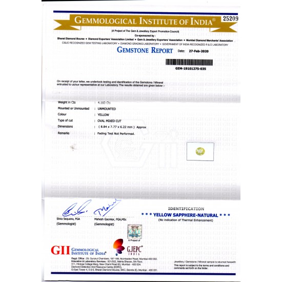 4.16 Ct GII Certified Unheated Untreated Natural Ceylon Yellow Sapphire