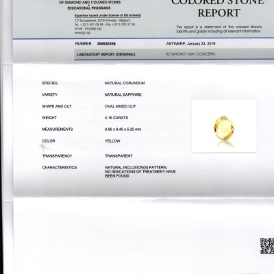 4.16 Ct IGI Certified Unheated Untreated Natural Ceylon Yellow Sapphire 4.16 Ct IGI Certified Unheated Untreated Natural Ceylon Yellow Sapphire