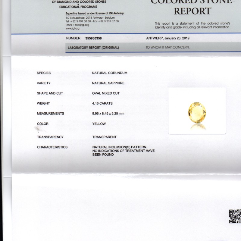 4.16 Ct IGI Certified Unheated Untreated Natural Ceylon Yellow Sapphire 4.16 Ct IGI Certified Unheated Untreated Natural Ceylon Yellow Sapphire