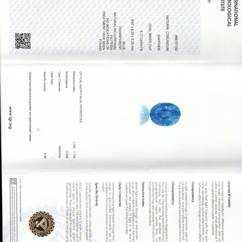 4.17 Ct IGI Certified Unheated Untreated Natural Ceylon Blue Sapphire AA 4.17 Ct IGI Certified Unheated Untreated Natural Ceylon Blue Sapphire AA