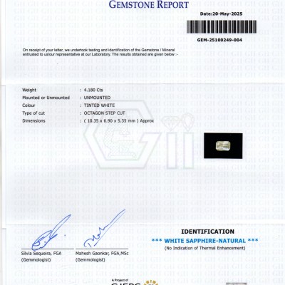 4.18 Ct Gii Certified Unheated Untreated Natural Ceylon White Sapphire