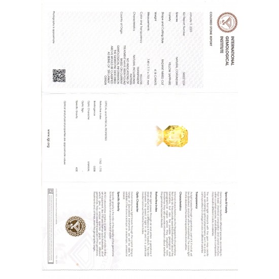 4.18 Ct IGI Certified Unheated Untreated Natural Ceylon Yellow Sapphire AAA