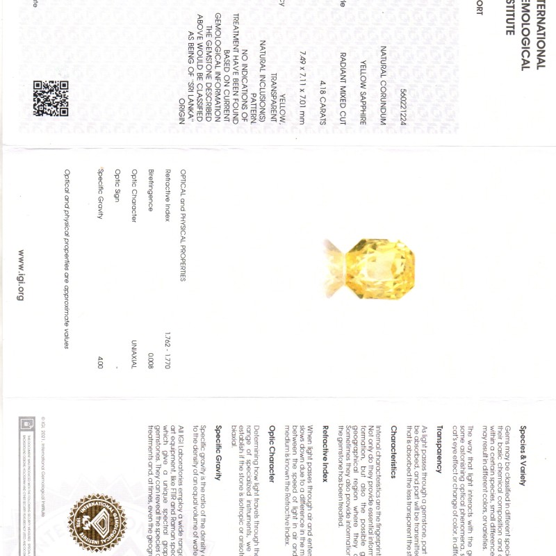 4.18 Ct IGI Certified Unheated Untreated Natural Ceylon Yellow Sapphire AAA 4.18 Ct IGI Certified Unheated Untreated Natural Ceylon Yellow Sapphire AAA