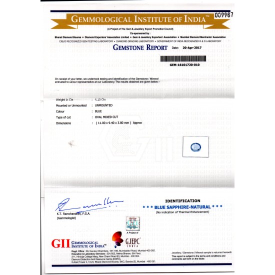 4.19 Ct GII Certified Unheated Untreated Natural Ceylon Blue Sapphire AA