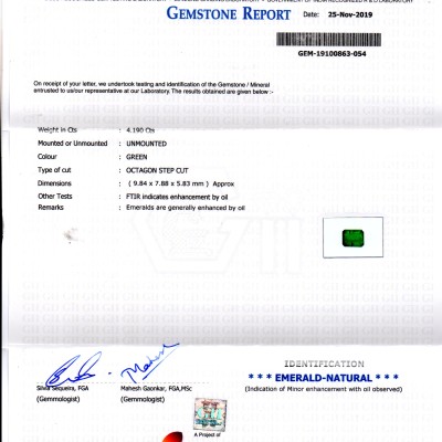 4.19 Ct GII Certified Untreated Natural Zambian Emerald Gems AAA 4.19 Ct GII Certified Untreated Natural Zambian Emerald Gems AAA