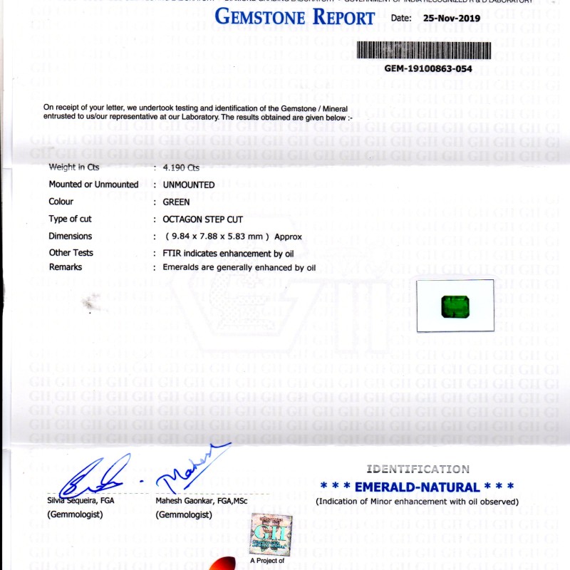4.19 Ct GII Certified Untreated Natural Zambian Emerald Gems AAA 4.19 Ct GII Certified Untreated Natural Zambian Emerald Gems AAA