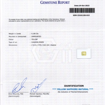 4.19 Ct GII Certified Unheated Untreated Natural Ceylon Yellow Sapphire