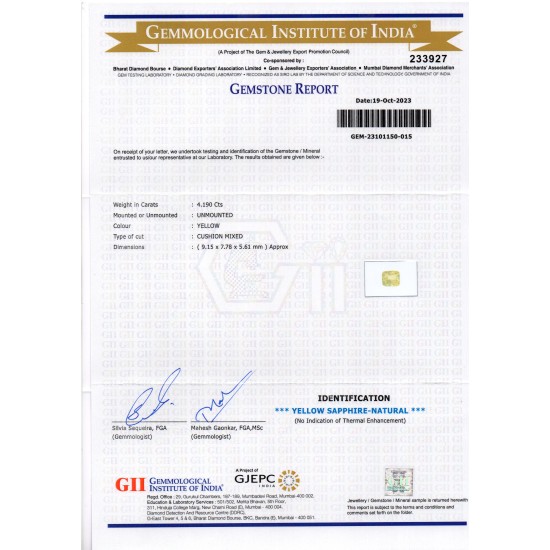 4.19 Ct GII Certified Unheated Untreated Natural Ceylon Yellow Sapphire