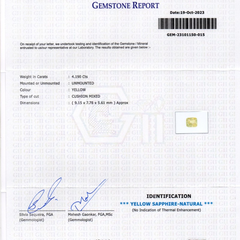 4.19 Ct GII Certified Unheated Untreated Natural Ceylon Yellow Sapphire