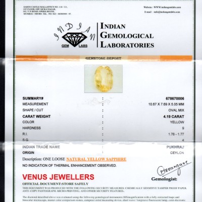 4.19 Ct Untreated Natural Ceylon Yellow Sapphire Gemstone AA 4.19 Ct Untreated Natural Ceylon Yellow Sapphire Gemstone AA