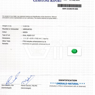 4.20 Ct GII Certified Untreated Natural Zambian Emerald Gemstone AAA