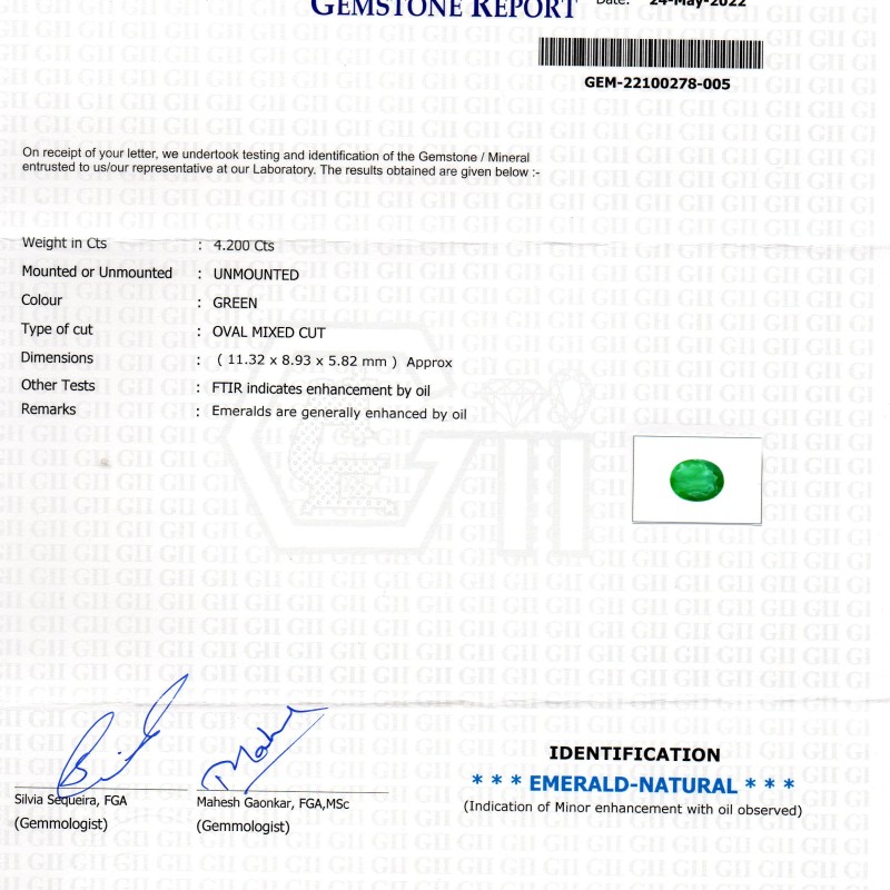 4.20 Ct GII Certified Untreated Natural Zambian Emerald Gemstone AAA