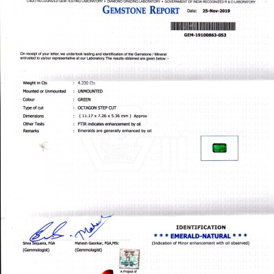 4.20 Ct GII Certified Untreated Natural Zambian Emerald Gems AAA 4.20 Ct GII Certified Untreated Natural Zambian Emerald Gems AAA