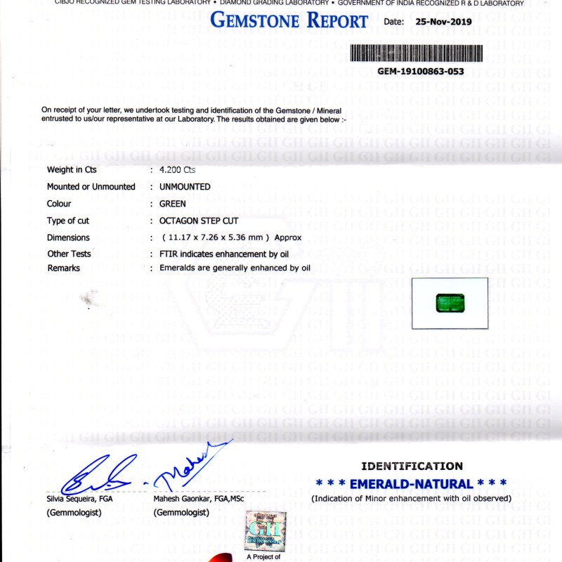 4.20 Ct GII Certified Untreated Natural Zambian Emerald Gems AAA 4.20 Ct GII Certified Untreated Natural Zambian Emerald Gems AAA