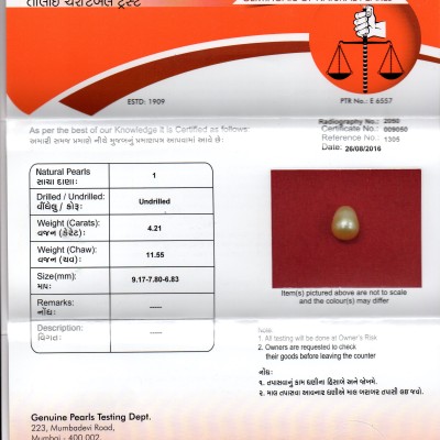 4.21 Ct 11.55 Chaw Natural Real Basra Pearl Moti Certified *RARE 4.21 Ct 11.55 Chaw Natural Real Basra Pearl Moti Certified *RARE