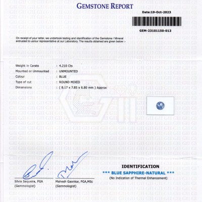 4.21 Ct GII Certified Unheated Untreated Natural Ceylon Blue Sapphire 4.21 Ct GII Certified Unheated Untreated Natural Ceylon Blue Sapphire