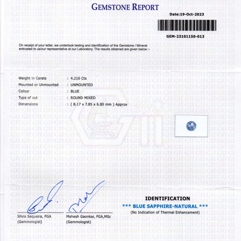 4.21 Ct GII Certified Unheated Untreated Natural Ceylon Blue Sapphire 4.21 Ct GII Certified Unheated Untreated Natural Ceylon Blue Sapphire
