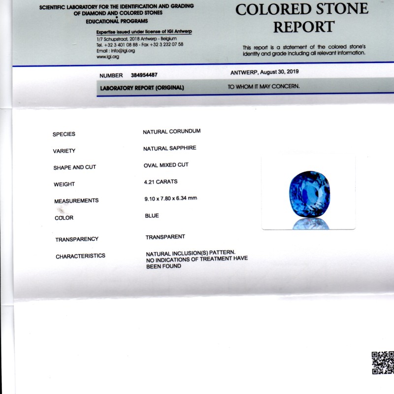 4.21 Ct IGI Certified Unheated Untreated Natural Ceylon Blue Sapphire 4.21 Ct IGI Certified Unheated Untreated Natural Ceylon Blue Sapphire