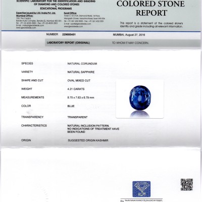 4.21 Ct Unheated Untreated Natural IGI Certified Kashmir Blue Sapphire 4.21 Ct Unheated Untreated Natural IGI Certified Kashmir Blue Sapphire
