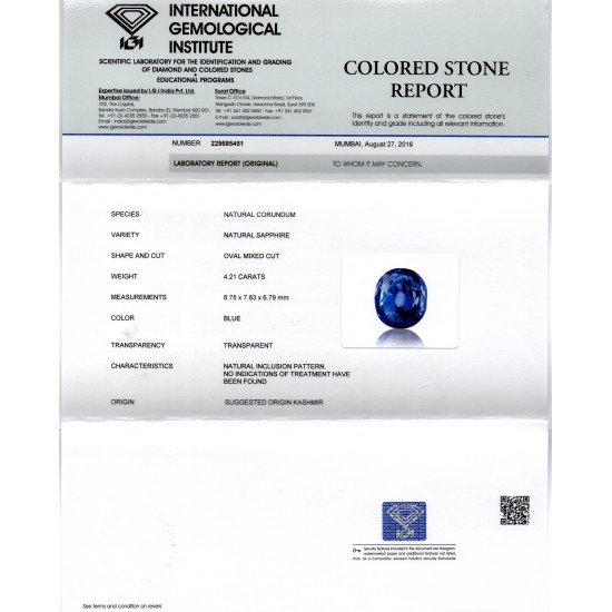 4.21 Ct Unheated Untreated Natural IGI Certified Kashmir Blue Sapphire