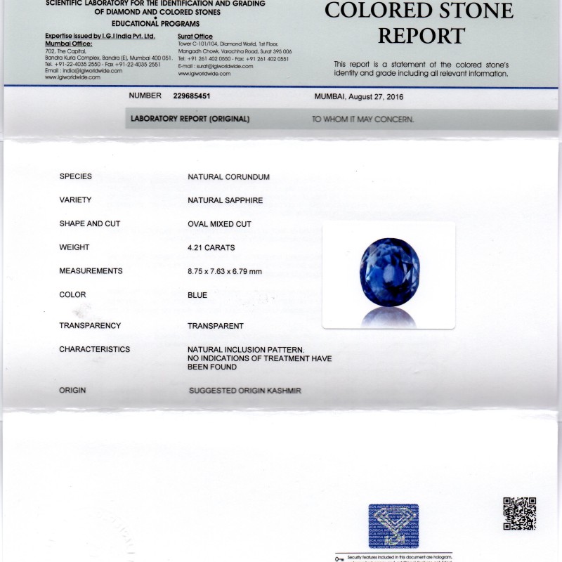 4.21 Ct Unheated Untreated Natural IGI Certified Kashmir Blue Sapphire 4.21 Ct Unheated Untreated Natural IGI Certified Kashmir Blue Sapphire