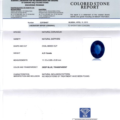 4.21 Ct IGI Certified Unheated Natural Deep Royal Blue Sapphire 4.21 Ct IGI Certified Unheated Natural Deep Royal Blue Sapphire