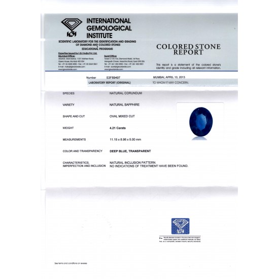 4.21 Ct IGI Certified Unheated Natural Deep Royal Blue Sapphire