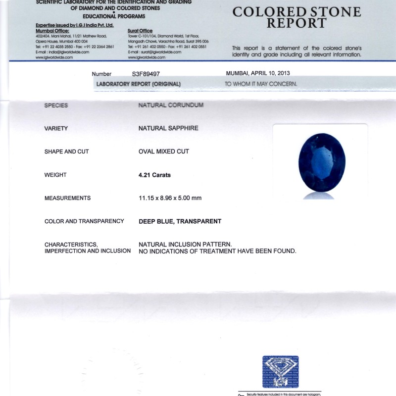 4.21 Ct IGI Certified Unheated Natural Deep Royal Blue Sapphire 4.21 Ct IGI Certified Unheated Natural Deep Royal Blue Sapphire