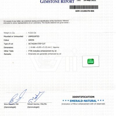 4.22 Ct GII Certified Untreated Natural Zambian Emerald Gemstone AAAAA