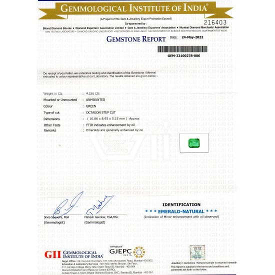 4.22 Ct GII Certified Untreated Natural Zambian Emerald Gemstone AAAAA