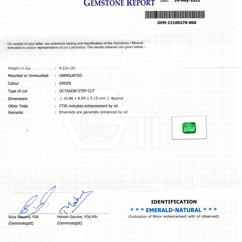 4.22 Ct GII Certified Untreated Natural Zambian Emerald Gemstone AAAAA