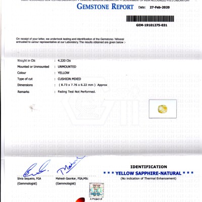 4.22 Ct GII Certified Unheated Untreated Natural Ceylon Yellow Sapphire 4.22 Ct GII Certified Unheated Untreated Natural Ceylon Yellow Sapphire