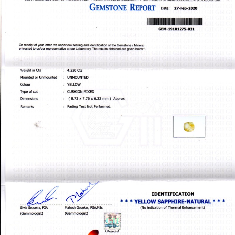 4.22 Ct GII Certified Unheated Untreated Natural Ceylon Yellow Sapphire 4.22 Ct GII Certified Unheated Untreated Natural Ceylon Yellow Sapphire