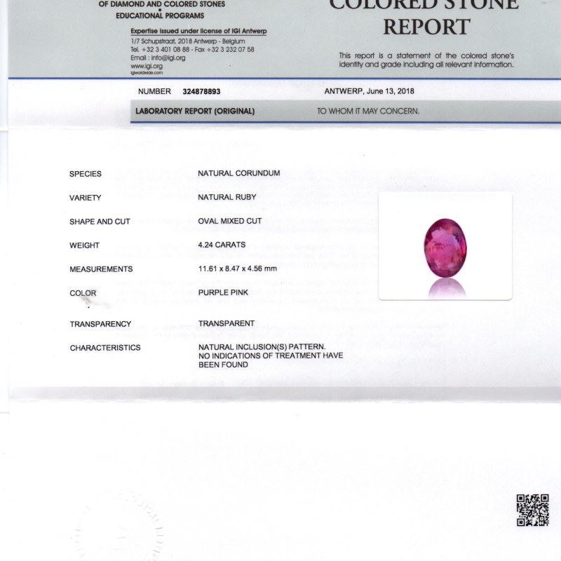4.24 Ct IGI Certified Unheated Untreated Natural Madagaskar Ruby 4.24 Ct IGI Certified Unheated Untreated Natural Madagaskar Ruby