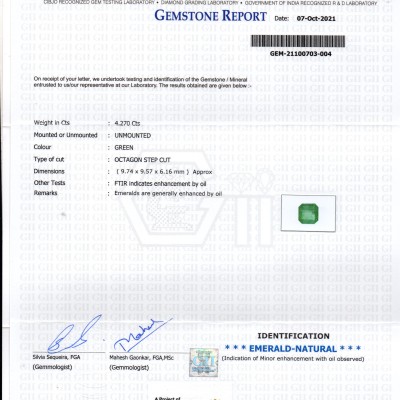 4.27 Ct GII Certified Untreated Natural Zambian Emerald Gemstones