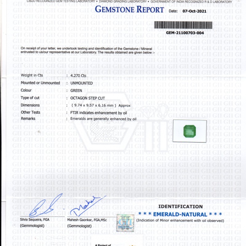 4.27 Ct GII Certified Untreated Natural Zambian Emerald Gemstones