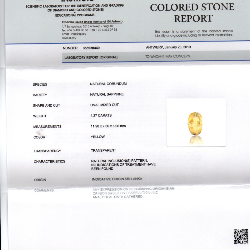 4.27 Ct IGI Certified Unheated Untreated Natural Ceylon Yellow Sapphire 4.27 Ct IGI Certified Unheated Untreated Natural Ceylon Yellow Sapphire