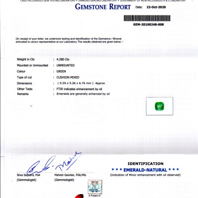 4.28 Ct GII Certified Untreated Natural Zambian Emerald Gems AAA