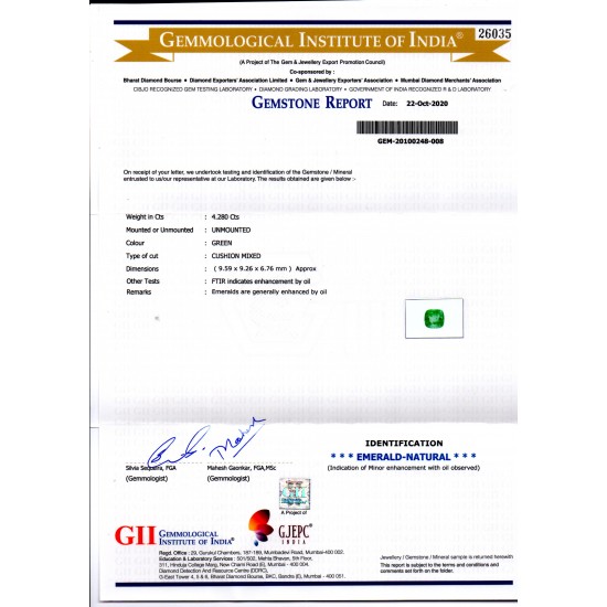4.28 Ct GII Certified Untreated Natural Zambian Emerald Gems AAA