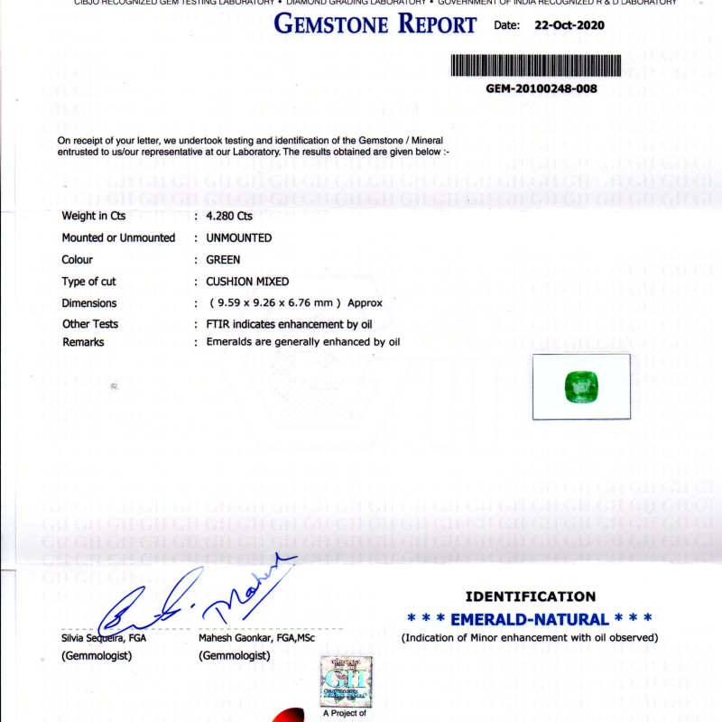 4.28 Ct GII Certified Untreated Natural Zambian Emerald Gems AAA