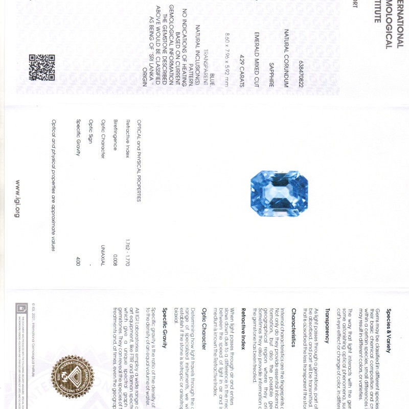 4.29 Ct IGI Certified Unheated Untreated Natural Ceylon Blue Sapphire AA 4.29 Ct IGI Certified Unheated Untreated Natural Ceylon Blue Sapphire AA