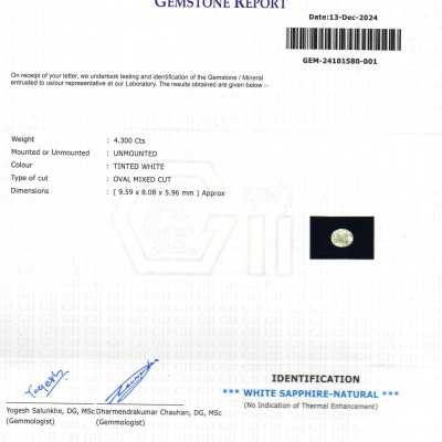 4.30 Ct GII Certified Unheated Untreated Natural Ceylon White Sapphire AA 4.30 Ct GII Certified Unheated Untreated Natural Ceylon White Sapphire AA