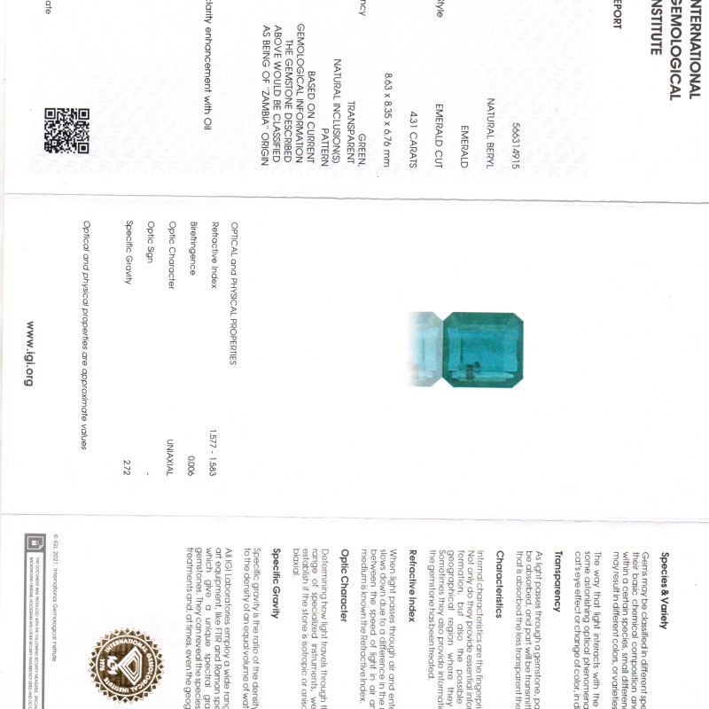 4.31 Ct IGI Certified Untreated Natural Zambian Emerald Gemstone Panna AA 4.31 Ct IGI Certified Untreated Natural Zambian Emerald Gemstone Panna AA