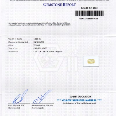 4.32 Ct GII Certified Unheated Untreated Natural Ceylon Yellow Sapphire 4.32 Ct GII Certified Unheated Untreated Natural Ceylon Yellow Sapphire