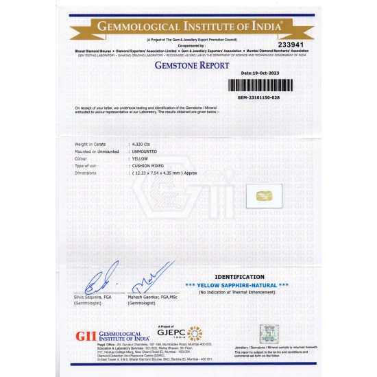4.32 Ct GII Certified Unheated Untreated Natural Ceylon Yellow Sapphire