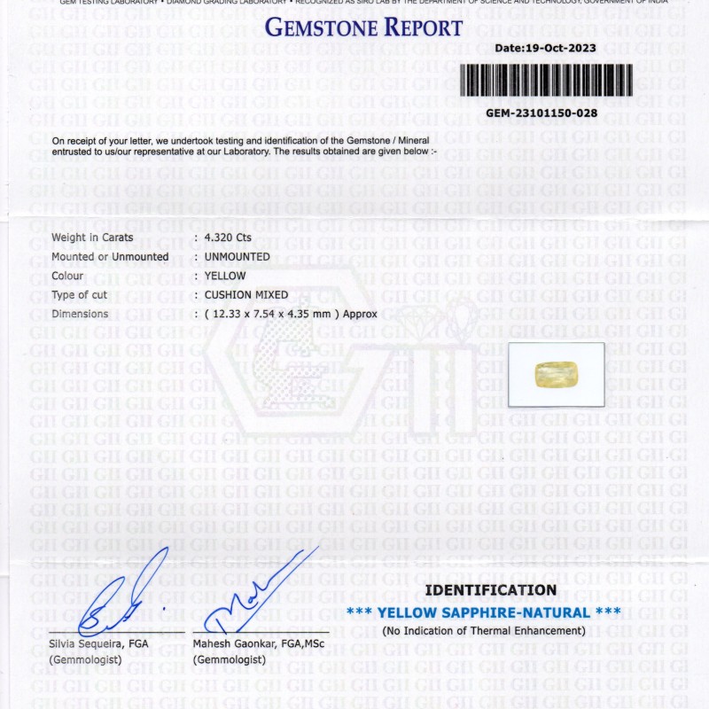 4.32 Ct GII Certified Unheated Untreated Natural Ceylon Yellow Sapphire 4.32 Ct GII Certified Unheated Untreated Natural Ceylon Yellow Sapphire